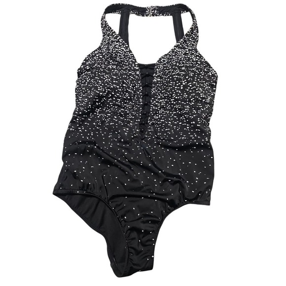 Swim Solutions Beaded Front Tummy Control One Piece Swimsuit black and white 14 - Picture 4 of 7